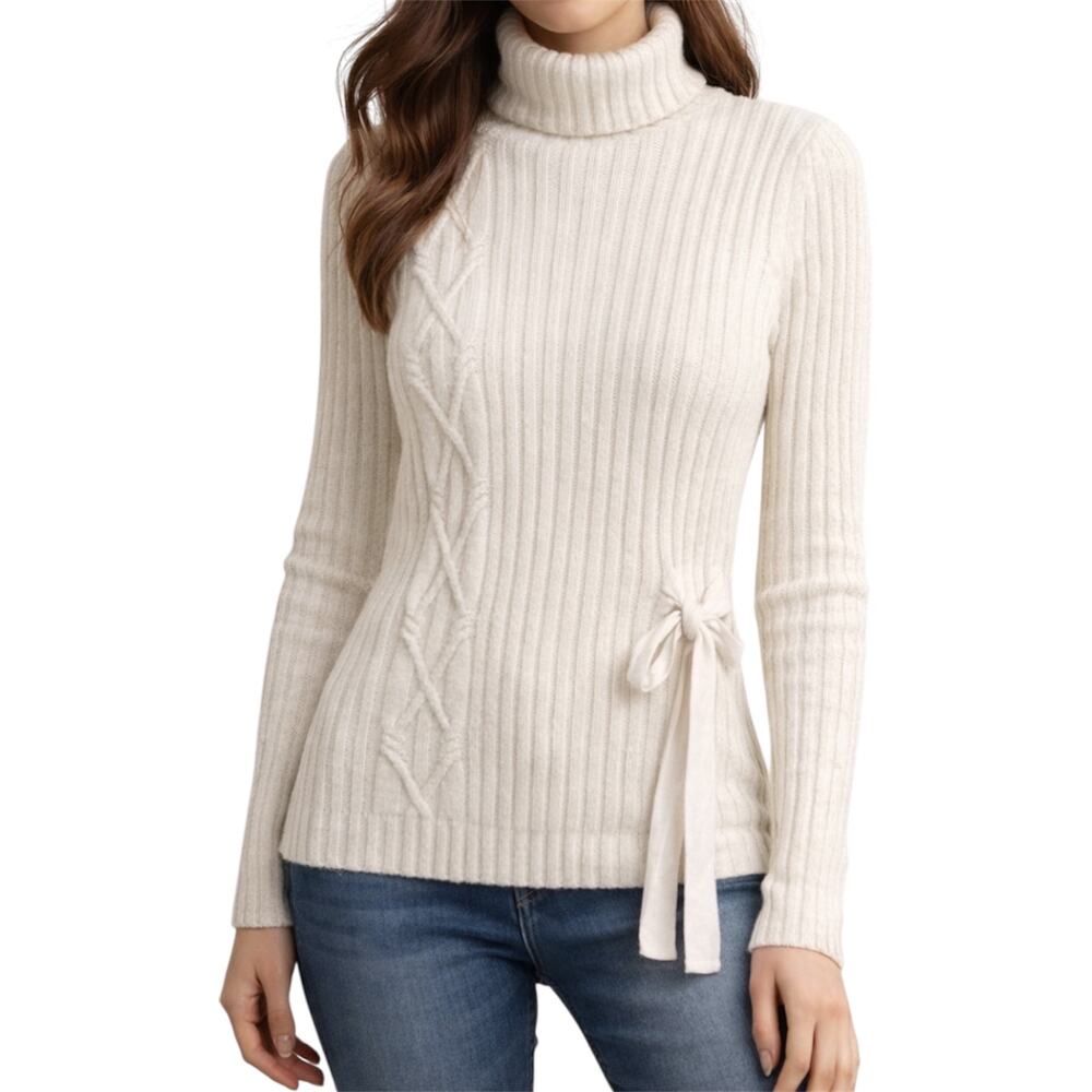 Sundance Legends Turtleneck Sweater Cotton Ribbed Knit Bow Tie Ivory White XS